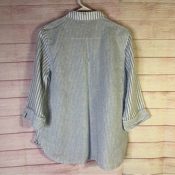 Chico’s Blue Stripe 100%‎ Linen Blouse Size 8/10 - Picture 2 of 5